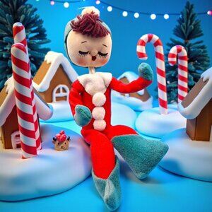 Vintage 1950s Pixie Elf Knee Hugger Japan Sockinette Face Ornament Red Green